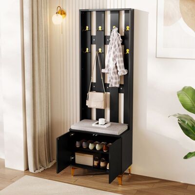Generic Vestiaire dentrée avec banc à chaussures et coussin Meuble a chaussures avec crochets Meuble entree en noir 60.5x35.2x180.5 cm Noir - Publicité Generic Vestiaire dentrée avec banc à chaussures et coussin Meuble a chaussures avec crochets Meuble entree en noir 60.5x35.2x180.5 cm Noir - Publicité