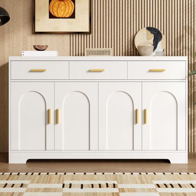 OEM Buffet blanc moderne - Quatre portes arquées - Trois tiroirs supérieurs - Étagères réglables - Charnières amorties Blanc - Publicité OEM Buffet blanc moderne - Quatre portes arquées - Trois tiroirs supérieurs - Étagères réglables - Charnières amorties Blanc - Publicité