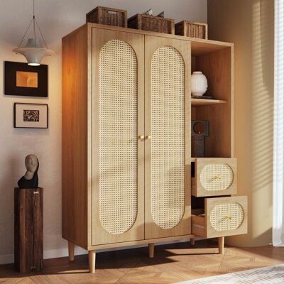 Armoire de rangement - LEMONBEST - 161x120x44 cm - 2 portes - 2 tiroirs - Placage chêne & rotin Marron - Publicité Armoire de rangement - LEMONBEST - 161x120x44 cm - 2 portes - 2 tiroirs - Placage chêne & rotin Marron - Publicité