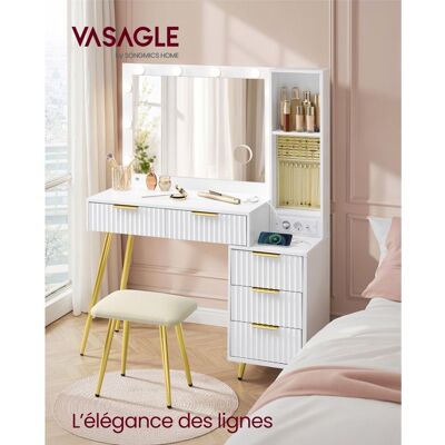 VASAGLE Coiffeuse avec miroir LED et tabouret 5 tiroirs Loupe 10x fourni Multiprise rangement à bijoux et compartiment ouvert blanc Blanc - Publicité VASAGLE Coiffeuse avec miroir LED et tabouret 5 tiroirs Loupe 10x fourni Multiprise rangement à bijoux et compartiment ouvert blanc Blanc - Publicité