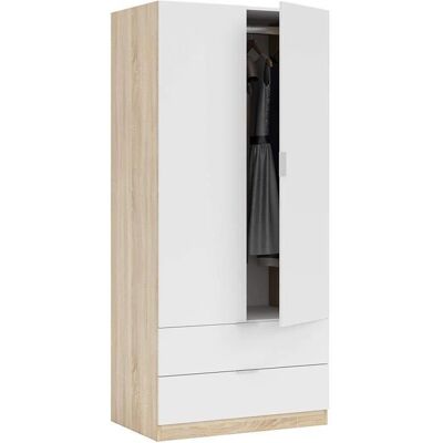PEGANE Armoire de 2 portes 2 tiroirs Coloris chêne et blanc - 81 cm (longueur) x 180 cm (Hauteur) x 52 cm (Profondeur) Blanc - Publicité PEGANE Armoire de 2 portes 2 tiroirs Coloris chêne et blanc - 81 cm (longueur) x 180 cm (Hauteur) x 52 cm (Profondeur) Blanc - Publicité