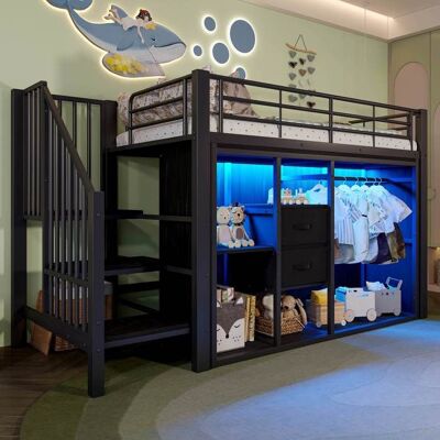 LEMONBEST Lit mezzanine 90x200 cm avec éclairage LED 2 tiroirs et penderie ouvert espace de rangement multifonctionnel Noir Noir - Publicité LEMONBEST Lit mezzanine 90x200 cm avec éclairage LED 2 tiroirs et penderie ouvert espace de rangement multifonctionnel Noir Noir - Publicité