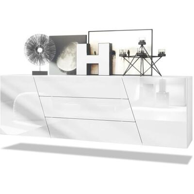 Buffet bas VLADON Houston - 2 portes et 3 tiroirs - Blanc mat et blanc brillant Blanc - Publicité Buffet bas VLADON Houston - 2 portes et 3 tiroirs - Blanc mat et blanc brillant Blanc - Publicité