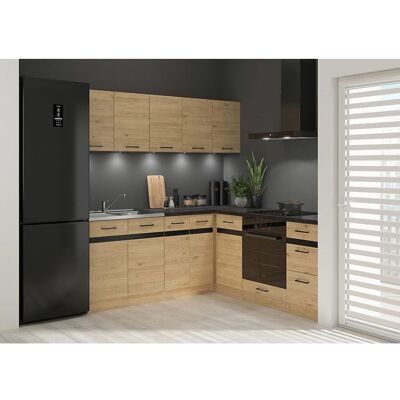 PEGANE Cuisine dangle complète 200x200 cm Meubles de cuisine modulables coloris Chêne bernstein plan de travail Noir inclus Noir - Publicité PEGANE Cuisine dangle complète 200x200 cm Meubles de cuisine modulables coloris Chêne bernstein plan de travail Noir inclus Noir - Publicité