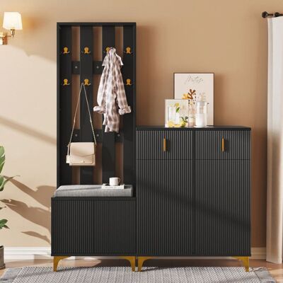 Generic Vestiaire dentrée avec banc à chaussures et coussin Meuble a chaussures avec tiroirs et portes Meuble entree en noir Noir - Publicité Generic Vestiaire dentrée avec banc à chaussures et coussin Meuble a chaussures avec tiroirs et portes Meuble entree en noir Noir - Publicité