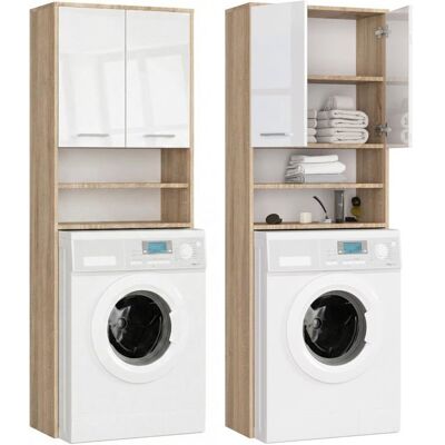 HOME COLLECTIVE Armoire pour machine à laver 64x30x180cm - Meuble SDB- Meuble de rangement buanderie 2 portes et 4 étagères - Sonoma+Blanc laqué Marron - Publicité HOME COLLECTIVE Armoire pour machine à laver 64x30x180cm - Meuble SDB- Meuble de rangement buanderie 2 portes et 4 étagères - Sonoma+Blanc laqué Marron - Publicité