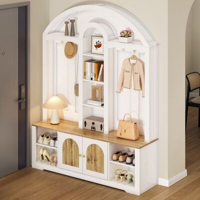 MERAX Vestiaire D’Entrée 150×40×195 cm Avec Armoire Portemanteau Étagères Banc à Chaussures Miroir Design Courbé MDF Blanc & Bois Blanc - Publicité MERAX Vestiaire D’Entrée 150×40×195 cm Avec Armoire Portemanteau Étagères Banc à Chaussures Miroir Design Courbé MDF Blanc & Bois Blanc - Publicité