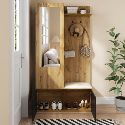 Generic Vestiaire dentrée avec banc à chaussures et patères Meuble entree avec miroir et étagère 100x38x191 cm Natural Marron - Publicité Generic Vestiaire dentrée avec banc à chaussures et patères Meuble entree avec miroir et étagère 100x38x191 cm Natural Marron - Publicité