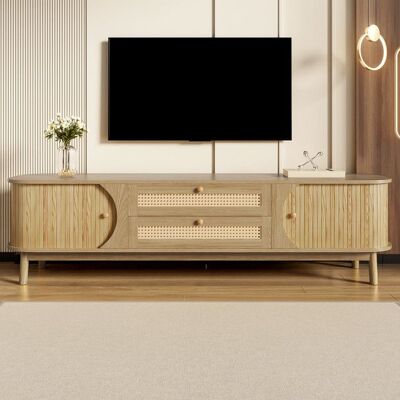 OEM Meuble TV en bois naturel Avec Portes et Tiroirs en Rotin Porte Coulissante 170x395x46cm Bois Naturel et Jaune Clair Jaune - Publicité OEM Meuble TV en bois naturel Avec Portes et Tiroirs en Rotin Porte Coulissante 170x395x46cm Bois Naturel et Jaune Clair Jaune - Publicité