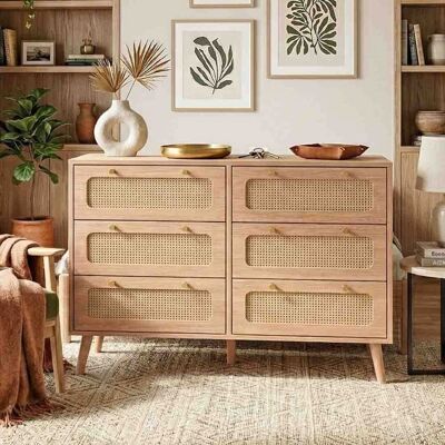Commode de Chambre 100 x 34 x 73 cm - 6 Tiroirs en Rotin - Style Bohème Chic - Pieds en Bois Massif - Chêne Naturel - Publicité Commode de Chambre 100 x 34 x 73 cm - 6 Tiroirs en Rotin - Style Bohème Chic - Pieds en Bois Massif - Chêne Naturel - Publicité