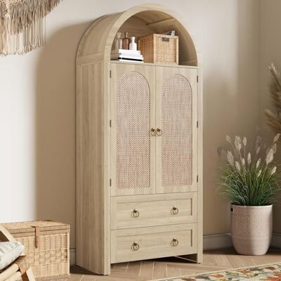 ARMOIRE DE CHAMBRE Armoire Haute 180cm avec 2 Tiroirs et 2 Portes en rotin Armoire en Bois Meuble de Rangement Conception avec Dessus Incurvé Beige - Publicité ARMOIRE DE CHAMBRE Armoire Haute 180cm avec 2 Tiroirs et 2 Portes en rotin Armoire en Bois Meuble de Rangement Conception avec Dessus Incurvé Beige - Publicité