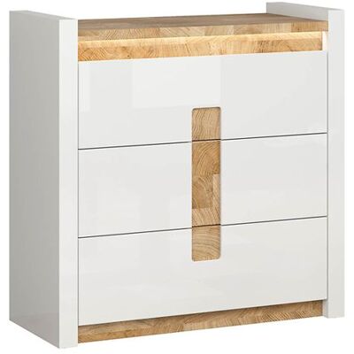 PEGANE Commode à 3 tiroirs meuble de rangement avec éclairage LED coloris Blanc brillant/Chêne clair Blanc - Publicité PEGANE Commode à 3 tiroirs meuble de rangement avec éclairage LED coloris Blanc brillant/Chêne clair Blanc - Publicité