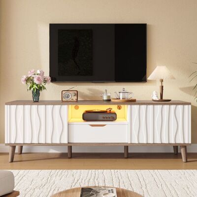OEM Meuble TV Moderne LED MulticoloresPortes Coulissantes Pieds en Bois Massif Gestion des Câbles 160x40x52cm Blanc et Noyer Foncé Blanc - Publicité OEM Meuble TV Moderne LED MulticoloresPortes Coulissantes Pieds en Bois Massif Gestion des Câbles 160x40x52cm Blanc et Noyer Foncé Blanc - Publicité