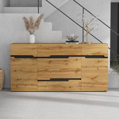 OEM Buffet de salon - Dimensions 160x40x80 cm - 2 portes 4 tiroirs - Couleur bois et noir - Panneau de particules Noir - Publicité OEM Buffet de salon - Dimensions 160x40x80 cm - 2 portes 4 tiroirs - Couleur bois et noir - Panneau de particules Noir - Publicité