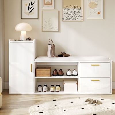 MERAX Meuble à Chaussures Blanc 128 cm avec Banc 2 Tiroirs 1 Placard et Étagères Design Moderne pour Entrée Couloir Blanc - Publicité MERAX Meuble à Chaussures Blanc 128 cm avec Banc 2 Tiroirs 1 Placard et Étagères Design Moderne pour Entrée Couloir Blanc - Publicité