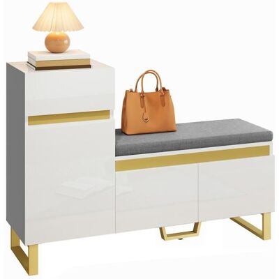 MERAX Meuble d’entrée avec banc rembourré grand meuble à chaussures à portes et tiroir blanc brillant et détails dorés 120×35×85 cm Blanc - Publicité MERAX Meuble d’entrée avec banc rembourré grand meuble à chaussures à portes et tiroir blanc brillant et détails dorés 120×35×85 cm Blanc - Publicité