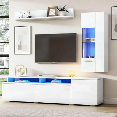 MERAX Ensemble Meuble TV Blanc Brillant - 3 Pièces - Meuble TV Vitrine et Étagère Mural - avec Éclairage LED - pour TV jusqu’à 80 Pouces Blanc - Publicité MERAX Ensemble Meuble TV Blanc Brillant - 3 Pièces - Meuble TV Vitrine et Étagère Mural - avec Éclairage LED - pour TV jusqu’à 80 Pouces Blanc - Publicité