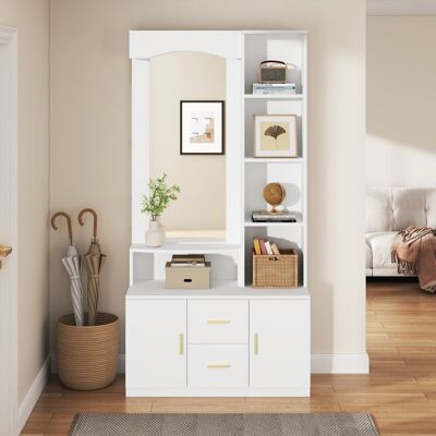 MERAX Meuble d’Entrée avec Miroir 90×40×180 cm Armoire de Rangement Blanc avec 2 Tiroirs 2 Placards et Étagères Blanc - Publicité MERAX Meuble d’Entrée avec Miroir 90×40×180 cm Armoire de Rangement Blanc avec 2 Tiroirs 2 Placards et Étagères Blanc - Publicité