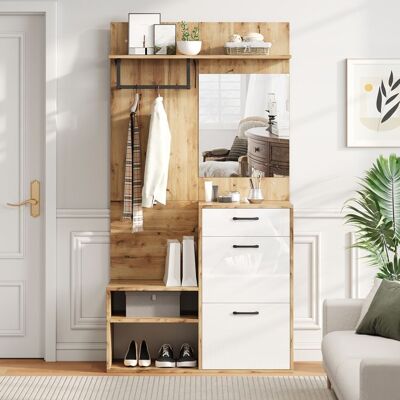 MERAX Meuble d’Entrée 100×385×190 cm avec Miroir Banc Placards Abattants et Tiroir Vestiaire Blanc & Bois Marron - Publicité MERAX Meuble d’Entrée 100×385×190 cm avec Miroir Banc Placards Abattants et Tiroir Vestiaire Blanc & Bois Marron - Publicité