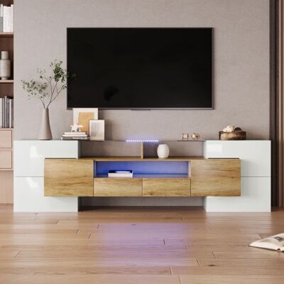 LEMLIT Meuble TV Blanc Brillant 200 cm Meuble Télé Bas Moderne avec Éclairage LED 2 Tiroirs de Rangement 6 Portes et Plateau en verre Blanc - Publicité LEMLIT Meuble TV Blanc Brillant 200 cm Meuble Télé Bas Moderne avec Éclairage LED 2 Tiroirs de Rangement 6 Portes et Plateau en verre Blanc - Publicité