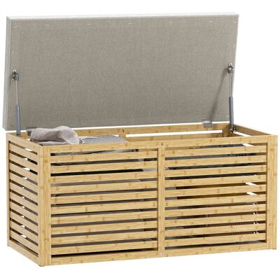 Banc de rangement - HOMCOM - rembourré tissu aspect lin - couvercle et structure en bambou - 90 x 42 x 43 cm - gris et naturel Beige - Publicité Banc de rangement - HOMCOM - rembourré tissu aspect lin - couvercle et structure en bambou - 90 x 42 x 43 cm - gris et naturel Beige - Publicité