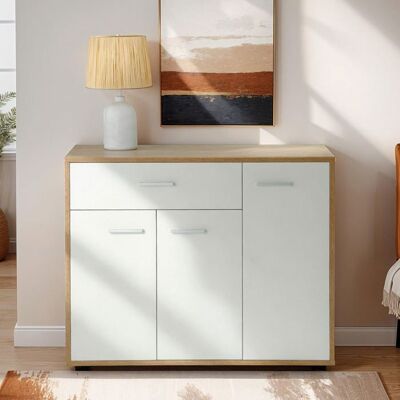 Idimex Meuble à chaussures CAMILLE commode meuble de rangement avec 1 tiroir et 3 portes en mélaminé décor chêne sonoma et blanc mat Beige - Publicité Idimex Meuble à chaussures CAMILLE commode meuble de rangement avec 1 tiroir et 3 portes en mélaminé décor chêne sonoma et blanc mat Beige - Publicité