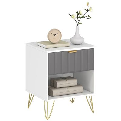 Table de chevet - HOMCOM - moderne - avec compartiment ouvert tiroir et poignée - pieds en acier - pour chambre salon - blanc Blanc - Publicité Table de chevet - HOMCOM - moderne - avec compartiment ouvert tiroir et poignée - pieds en acier - pour chambre salon - blanc Blanc - Publicité