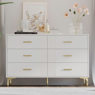 MERAX Commode Blanche 6 Tiroirs avec Poignées Dorées Meuble de Rangement Moderne sur Pieds Métalliques 120×40×76 cm Blanc - Publicité MERAX Commode Blanche 6 Tiroirs avec Poignées Dorées Meuble de Rangement Moderne sur Pieds Métalliques 120×40×76 cm Blanc - Publicité