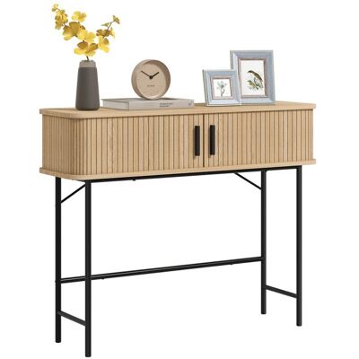 Console meuble - HOMCOM - portes coulissantes à lattes et pieds en acier - bois dingénierie et acier - 100x30x80cm - chêne et noir Marron - Publicité Console meuble - HOMCOM - portes coulissantes à lattes et pieds en acier - bois dingénierie et acier - 100x30x80cm - chêne et noir Marron - Publicité