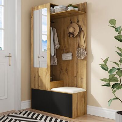 Merax Vestiaire d’Entrée - avec Banc à Chaussures et 5 Crochets Porte-Manteau Miroir - Décor Bois et Noir 100 x 38 x 191 cm Marron - Publicité Merax Vestiaire d’Entrée - avec Banc à Chaussures et 5 Crochets Porte-Manteau Miroir - Décor Bois et Noir 100 x 38 x 191 cm Marron - Publicité