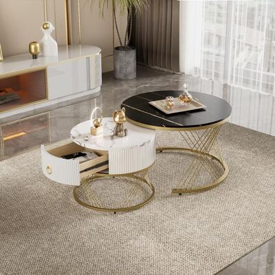 Generic Table basse salon modulable élégante avec tiroirs Table de salon avec aspect marbre et décor doré Table ronde MDF Noir + Blanc Noir - Publicité Generic Table basse salon modulable élégante avec tiroirs Table de salon avec aspect marbre et décor doré Table ronde MDF Noir + Blanc Noir - Publicité