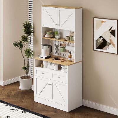 MERAX Buffet Haut Cuisine Blanc & Bois avec Portes Barn 2 Tiroirs étagères ouvertes et panneau perforé Meuble Rangement Multifonction Blanc - Publicité MERAX Buffet Haut Cuisine Blanc & Bois avec Portes Barn 2 Tiroirs étagères ouvertes et panneau perforé Meuble Rangement Multifonction Blanc - Publicité