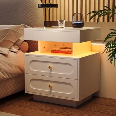 MERAX Table de Chevet Moderne avec LED 2 Tiroirs et Niche Ouverte Table de Nuit Blanc Design pour Chambre Blanc - Publicité MERAX Table de Chevet Moderne avec LED 2 Tiroirs et Niche Ouverte Table de Nuit Blanc Design pour Chambre Blanc - Publicité