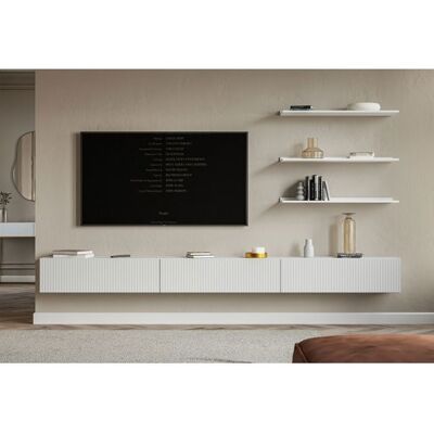 SELSEY Meuble TV mural avec façades à lamelles rainurées – VELDIO – 300 cm – blanc Blanc - Publicité SELSEY Meuble TV mural avec façades à lamelles rainurées – VELDIO – 300 cm – blanc Blanc - Publicité