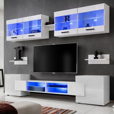 Meuble TV Foggia Komodee - LED Bleues - Blanc Brillant et Blanc - Facades en Brillant - 230 x 195 x 35 cm Blanc - Publicité Meuble TV Foggia Komodee - LED Bleues - Blanc Brillant et Blanc - Facades en Brillant - 230 x 195 x 35 cm Blanc - Publicité