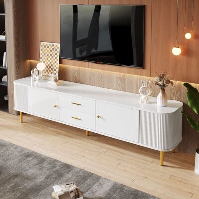 MERAX Meuble TV Blanc Moderne 170 cm avec 2 Tiroirs et 2 Portes – Coins Arrondis Finition Ondulée Poignées et Pieds Dorés Blanc - Publicité MERAX Meuble TV Blanc Moderne 170 cm avec 2 Tiroirs et 2 Portes – Coins Arrondis Finition Ondulée Poignées et Pieds Dorés Blanc - Publicité