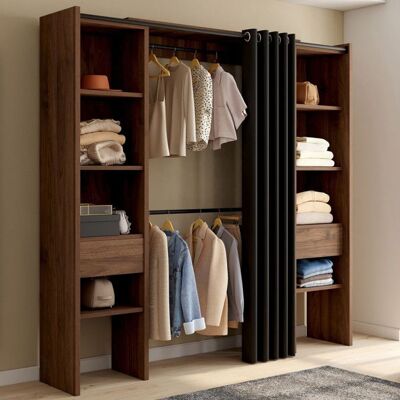 IDMARKET Dressing extensible double MERYL 120/180 x 50 x 180 cm noyer avec étagères + double penderie + rideau noir Marron - Publicité IDMARKET Dressing extensible double MERYL 120/180 x 50 x 180 cm noyer avec étagères + double penderie + rideau noir Marron - Publicité