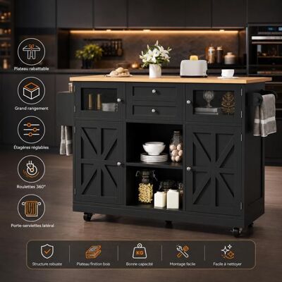 Generic Ilot central cuisine avec plan de travail buffet avec veinage de bois porte-serviettes latéral avec roulettes noir Noir - Publicité Generic Ilot central cuisine avec plan de travail buffet avec veinage de bois porte-serviettes latéral avec roulettes noir Noir - Publicité