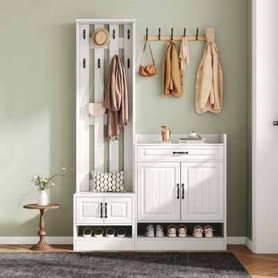 MERAX Vestiaire d’Entrée 125×36×190 cm Blanc avec Banc Porte-Manteau 8 Crochets Meuble à Chaussures 4 Portes et 1 Tiroir Blanc - Publicité MERAX Vestiaire d’Entrée 125×36×190 cm Blanc avec Banc Porte-Manteau 8 Crochets Meuble à Chaussures 4 Portes et 1 Tiroir Blanc - Publicité