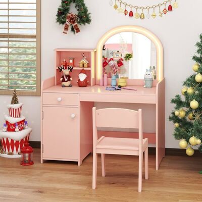 Coiffeuse Enfants COSTWAY avec Miroir LED et Chaise pour Filles 2 Étagères et Tiroir Porte en Bois Rose Rose - Publicité Coiffeuse Enfants COSTWAY avec Miroir LED et Chaise pour Filles 2 Étagères et Tiroir Porte en Bois Rose Rose - Publicité