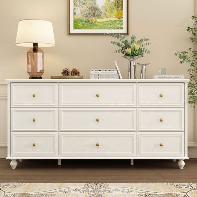 FUFU&GAGA Grande Commode avec 9 Tiroirs pour Salon Armoire Moderne avec Pieds Sculptés pour Chambre 160x40x80cm Blanc Blanc - Publicité FUFU&GAGA Grande Commode avec 9 Tiroirs pour Salon Armoire Moderne avec Pieds Sculptés pour Chambre 160x40x80cm Blanc Blanc - Publicité