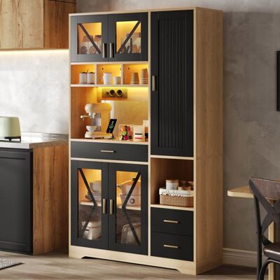 MERAX Buffet de Cuisine Haut - Style Grange - avec Vitrines LED Prises Intégrées et Tiroirs - 105 x 40 x 185 cm - Noir Noir - Publicité MERAX Buffet de Cuisine Haut - Style Grange - avec Vitrines LED Prises Intégrées et Tiroirs - 105 x 40 x 185 cm - Noir Noir - Publicité