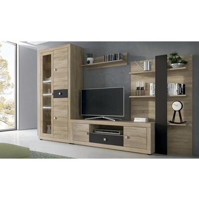 PEGANE Ensemble de salon meuble TV +1 étagère murale + armoire avec éclairage LED + bibliothèque coloris chêne cambrian chocolat Beige - Publicité PEGANE Ensemble de salon meuble TV +1 étagère murale + armoire avec éclairage LED + bibliothèque coloris chêne cambrian chocolat Beige - Publicité