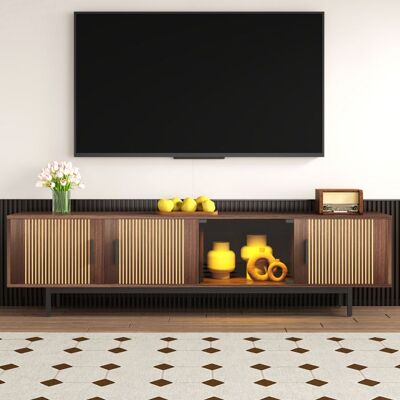 MERAX Meuble TV Moderne 200 cm Bois Noyer avec Portes et Éclairage LED Banc TV Vintage Marron - Publicité MERAX Meuble TV Moderne 200 cm Bois Noyer avec Portes et Éclairage LED Banc TV Vintage Marron - Publicité