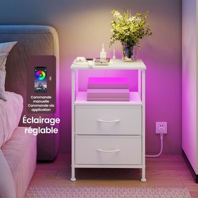 SONGMICS Table de chevet avec Éclairage LED et Multiprise 2 Tiroirs et 1 Compartiment Ouvert Blanc Blanc - Publicité SONGMICS Table de chevet avec Éclairage LED et Multiprise 2 Tiroirs et 1 Compartiment Ouvert Blanc Blanc - Publicité