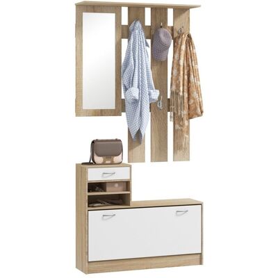 Meuble dentrée HOMCOM vestiaire avec panneau porte-manteau miroir et banc à chaussures - 6 crochets et étagère réglable - Publicité Meuble dentrée HOMCOM vestiaire avec panneau porte-manteau miroir et banc à chaussures - 6 crochets et étagère réglable - Publicité