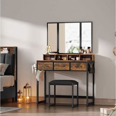VASAGLE Coiffeuse 3 miroirs 3 tiroirs tabouret porte-sèche-cheveux pot 90 x 40 x 141 cm style industriel Rustique Marron - Publicité VASAGLE Coiffeuse 3 miroirs 3 tiroirs tabouret porte-sèche-cheveux pot 90 x 40 x 141 cm style industriel Rustique Marron - Publicité