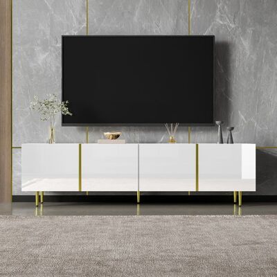 Meuble TV Haut Brillant Blanc et Or avec 4 Portes – Merax TV Banc Design Moderne Élégant avec Charnières Soft-Close 170x35x46 cm Blanc - Publicité Meuble TV Haut Brillant Blanc et Or avec 4 Portes – Merax TV Banc Design Moderne Élégant avec Charnières Soft-Close 170x35x46 cm Blanc - Publicité