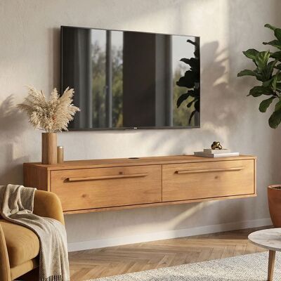 Idimex Meuble TV Suspendu TECCA L 145 cm en Bois Massif Coloris Chêne avec 2 Portes Meuble Télé Mural Design Moderne Marron - Publicité Idimex Meuble TV Suspendu TECCA L 145 cm en Bois Massif Coloris Chêne avec 2 Portes Meuble Télé Mural Design Moderne Marron - Publicité