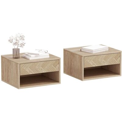 Lot de 2 tables de chevet murales - HOMCOM - tiroir compartiment ouvert plateau - panneau de particules - 37x32x21cm - bois naturel Beige - Publicité Lot de 2 tables de chevet murales - HOMCOM - tiroir compartiment ouvert plateau - panneau de particules - 37x32x21cm - bois naturel Beige - Publicité